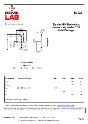BUV22 Datasheet PDF Semelab - > TT Electronics plc 