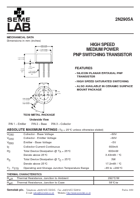 2N2905A Datasheet PDF Semelab - > TT Electronics plc 