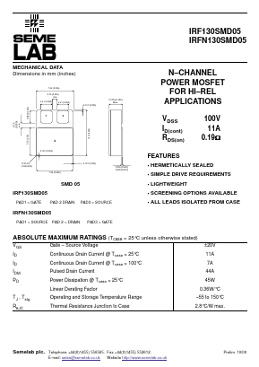 IRF130SMD05N Datasheet PDF Semelab - > TT Electronics plc 