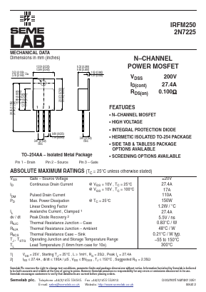 IRFM250 Datasheet PDF Semelab - > TT Electronics plc 