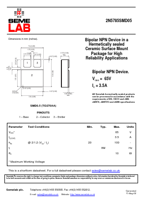 2N5785SMD05 Datasheet PDF Semelab - > TT Electronics plc 