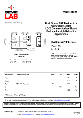 2N3964DCSM Datasheet PDF Semelab - > TT Electronics plc 