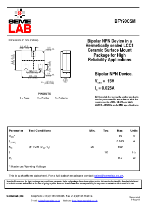 BFY90CSM Datasheet PDF Semelab - > TT Electronics plc 