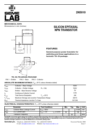2N5010 Datasheet PDF Semelab - > TT Electronics plc 