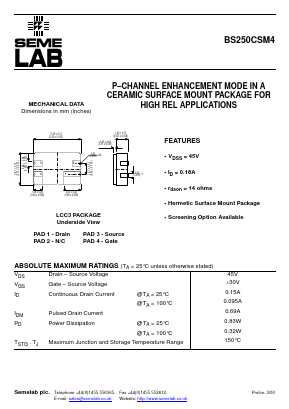 BS250CSM4 Datasheet PDF Semelab - > TT Electronics plc 
