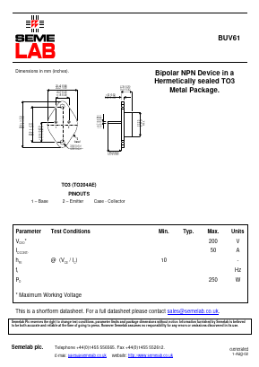 BUV61 Datasheet PDF Semelab - > TT Electronics plc 