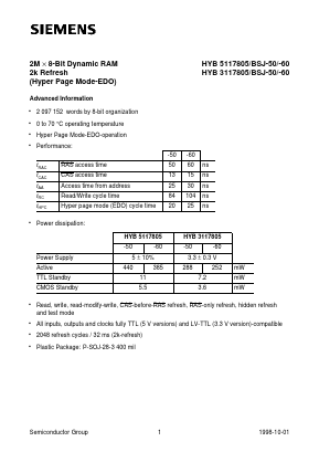 HYB5117805BSJ-60 Datasheet PDF Siemens AG