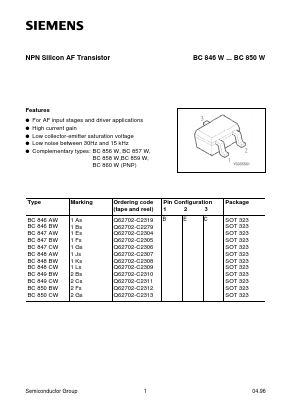 BC846AW Datasheet PDF Siemens AG