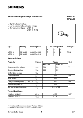 MPSA93 Datasheet PDF Siemens AG