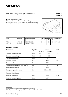 PZTA92 Datasheet PDF Siemens AG