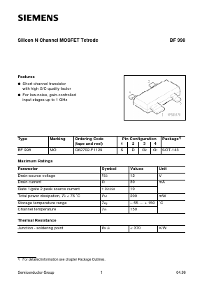 BF998 Datasheet PDF Siemens AG