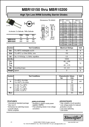 MBR10150 Datasheet PDF Sirectifier Electronics