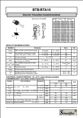 BTB10 Datasheet PDF Sirectifier Electronics