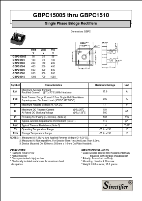 GBPC1506 Datasheet PDF Sirectifier Electronics