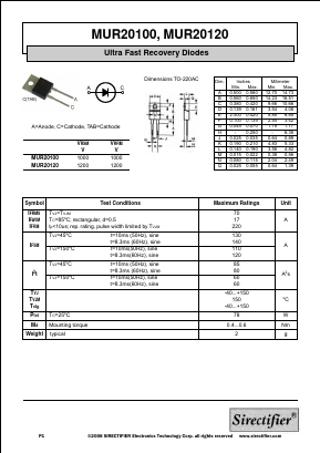 MUR20100 Datasheet PDF Sirectifier Electronics