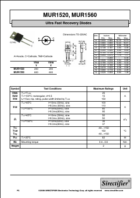 MUR1520 Datasheet PDF Sirectifier Electronics