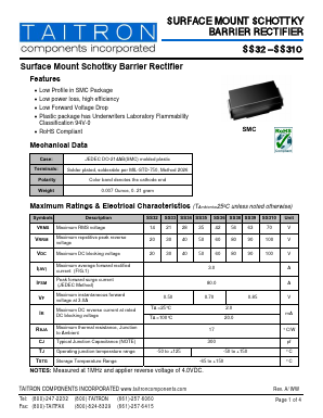 SS310 Datasheet PDF TAITRON Components Incorporated