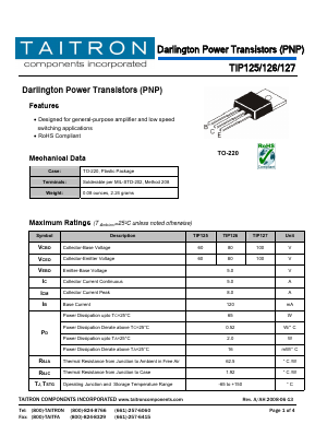 TIP127 Datasheet PDF TAITRON Components Incorporated