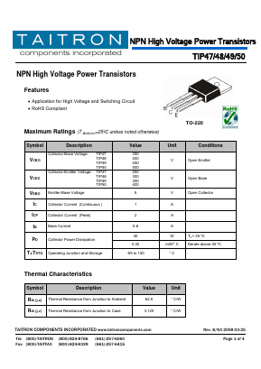 TIP47 Datasheet PDF TAITRON Components Incorporated