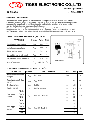 BTA06-600TW Datasheet PDF Tiger Electronic