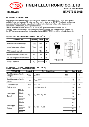 BTA16-600B Datasheet PDF Tiger Electronic