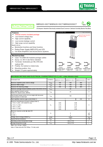 MBRA20100CT Datasheet PDF Thinki Semiconductor Co., Ltd.