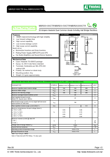 MBR20100CTR Datasheet PDF Thinki Semiconductor Co., Ltd.