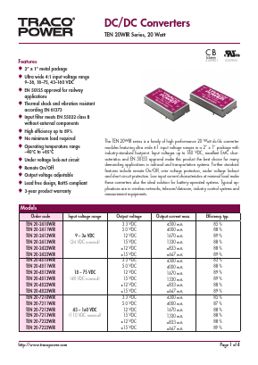 TEN20-7222WIR Datasheet PDF TRACO Electronic AG