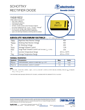 1N5819D2B Datasheet PDF TT Electronics.