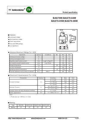 BAS70W Datasheet PDF TY Semiconductor