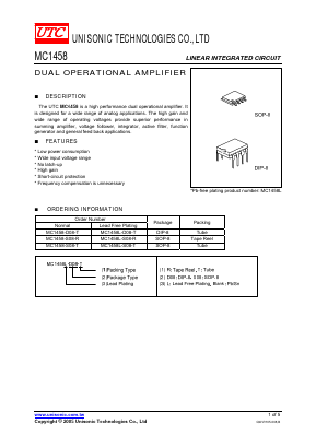 MC1458L Datasheet PDF Unisonic Technologies