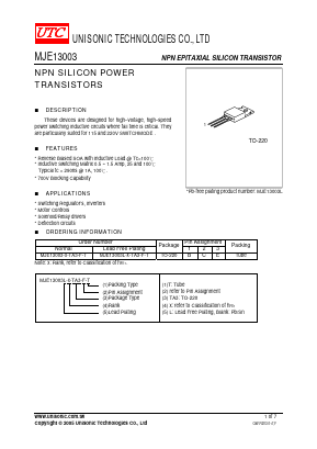 MJE13003-X-TA3-F-T Datasheet PDF Unisonic Technologies