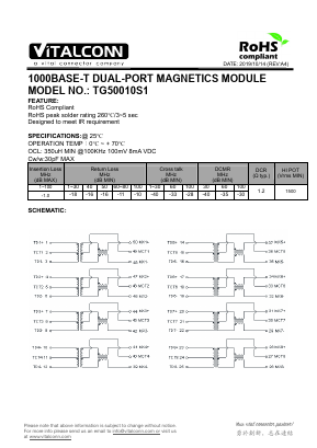 TG50010S1 Datasheet PDF VITALCONN ELECTRONICS HK LTD.