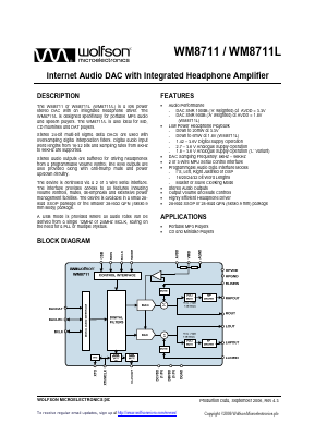 WM8711L Datasheet PDF Wolfson Microelectronics plc