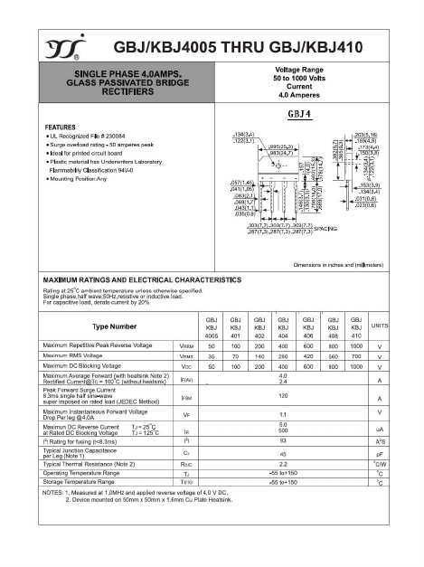 GBJ-KBJ4005 Datasheet PDF Yangzhou yangjie electronic co., Ltd