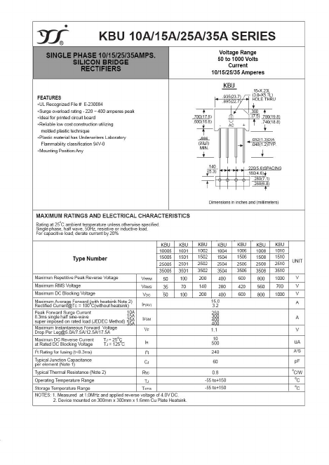 KBU3510 Datasheet PDF Yangzhou yangjie electronic co., Ltd