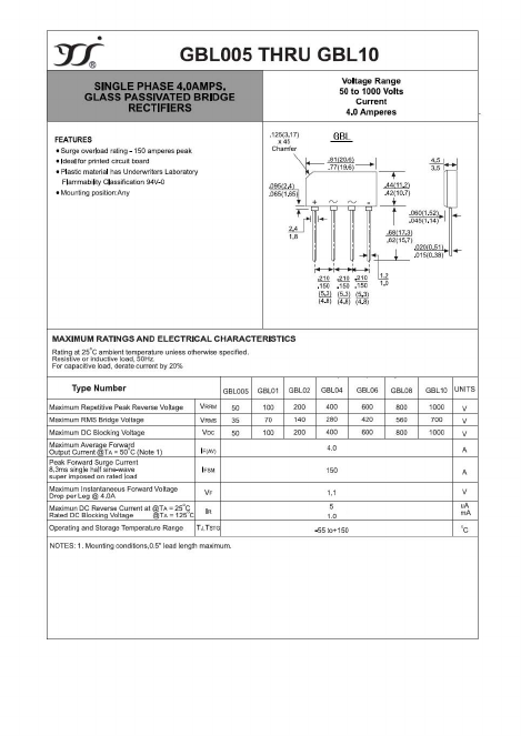 GBL005 Datasheet PDF Yangzhou yangjie electronic co., Ltd