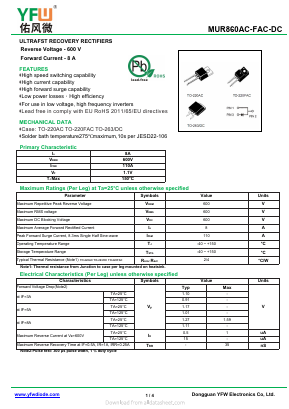 MUR860 Datasheet PDF DONGGUAN YOU FENG WEI ELECTRONICS CO., LTD