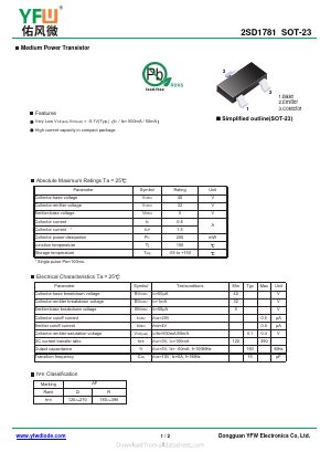 2SD1781 Datasheet PDF DONGGUAN YOU FENG WEI ELECTRONICS CO., LTD