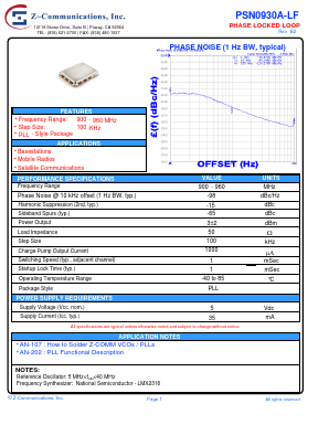 PSN0930A-LF Datasheet PDF Z-Communications, Inc