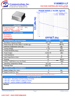V180ME01-LF Datasheet PDF Z-Communications, Inc