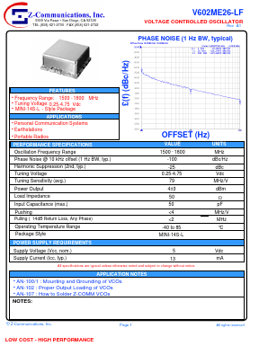 V602ME26-LF Datasheet PDF Z-Communications, Inc