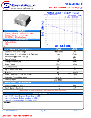 V614ME09-LF Datasheet PDF Z-Communications, Inc