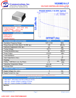 V626ME16-LF Datasheet PDF Z-Communications, Inc