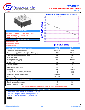 V350ME01 Datasheet PDF Z-Communications, Inc