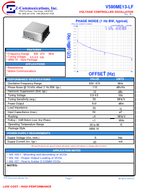 V580ME13-LF Datasheet PDF Z-Communications, Inc